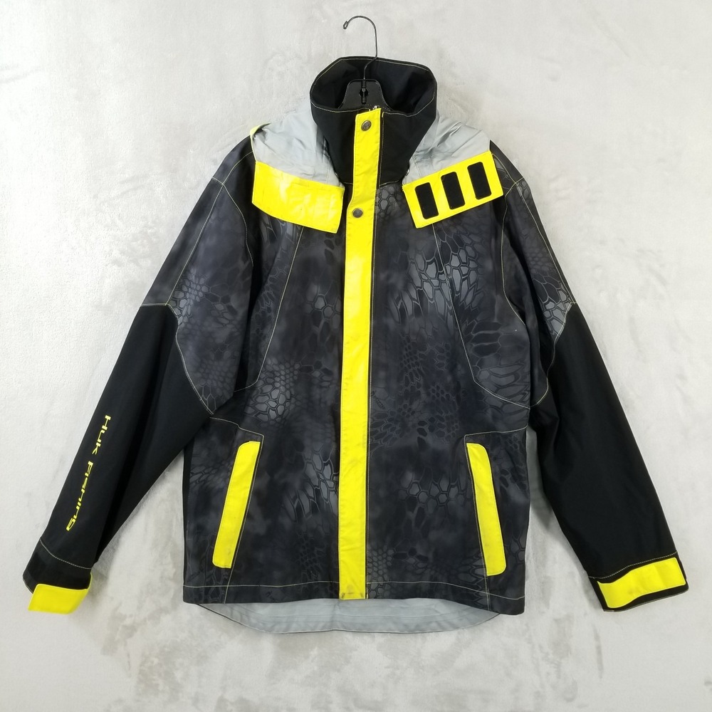 Huk Kryptek Jacket Large Black Camo Waterproof Removable Hood Vented All Weather